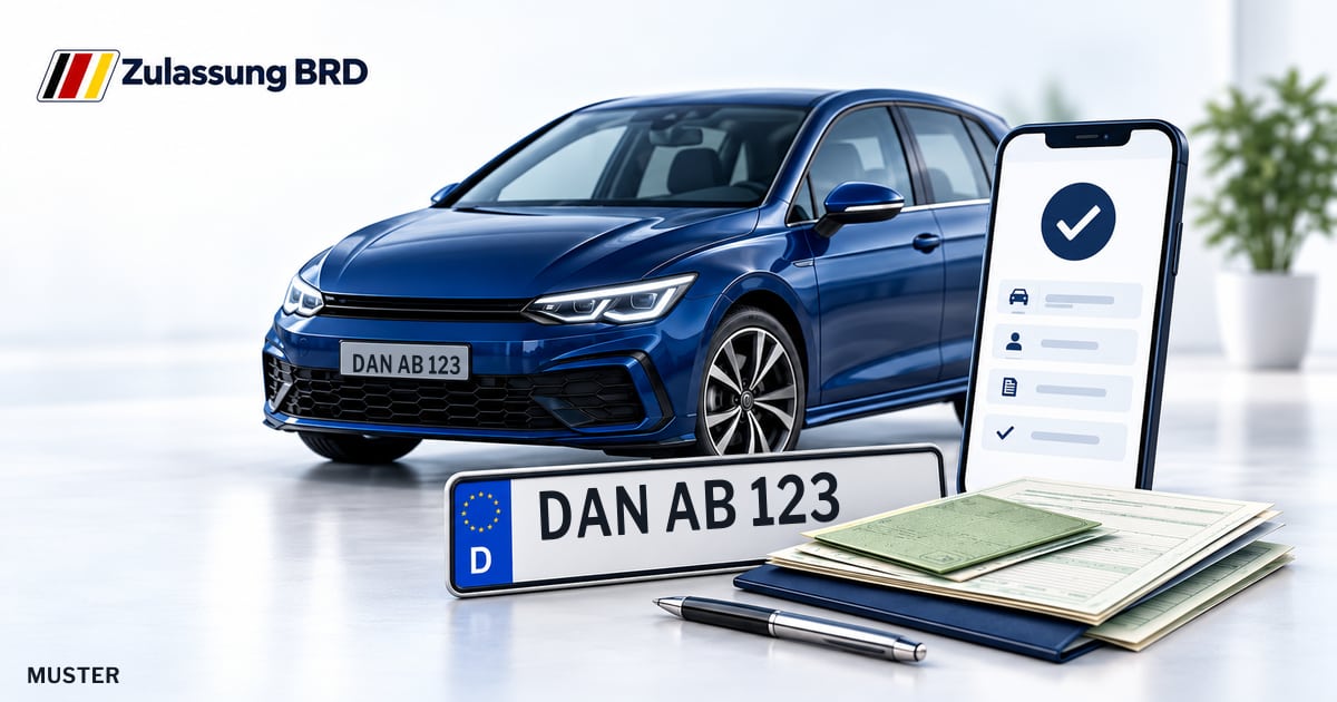 Online Fahrzeugzulassung in Landkreis Lüchow-Dannenberg: Musterkennzeichen DAN AB 123, Auto und Fahrzeugpapiere und Smartphone. Illustration mit Logo von Zulassung BRD.